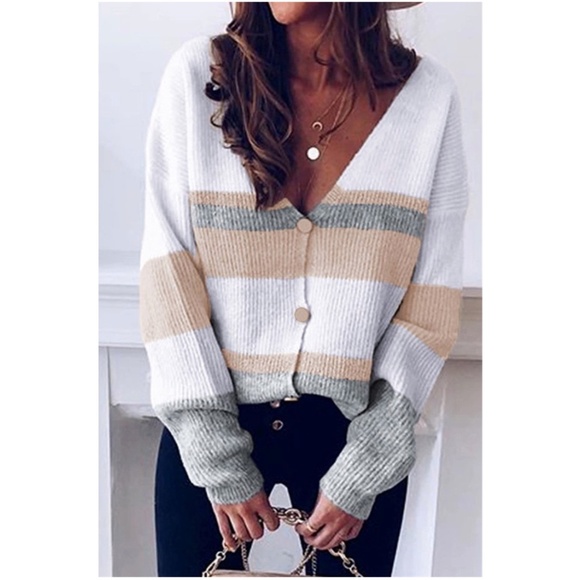 Multicolor striped vneck button down cardigan - Picture 3 of 3